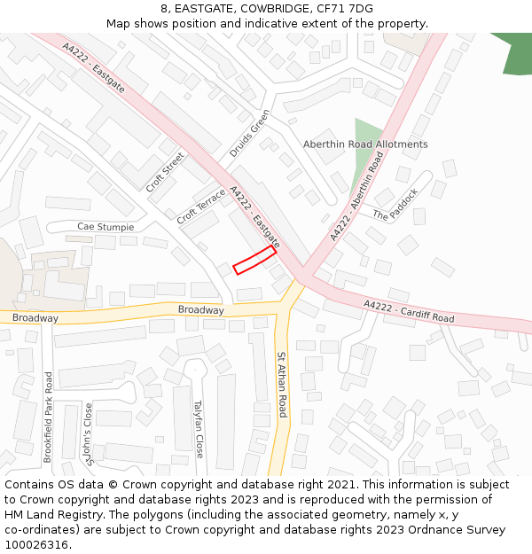 8, EASTGATE, COWBRIDGE, CF71 7DG: Location map and indicative extent of plot