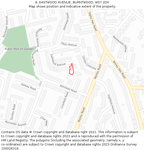 8, EASTWOOD AVENUE, BURNTWOOD, WS7 2DX: Location map and indicative extent of plot