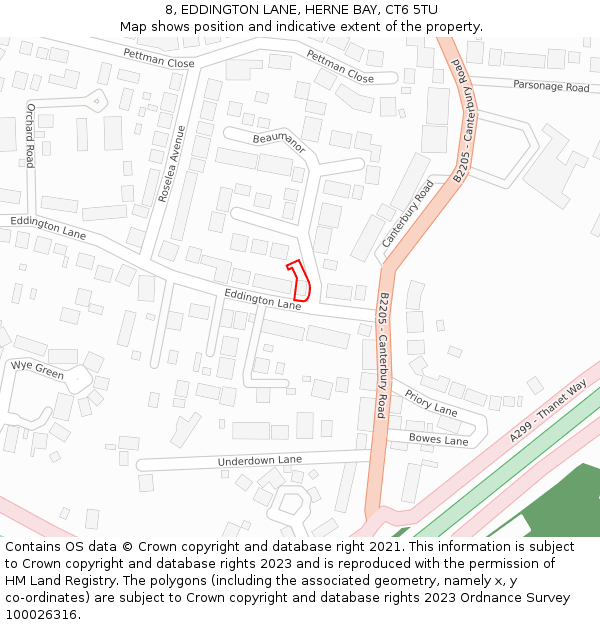 8, EDDINGTON LANE, HERNE BAY, CT6 5TU: Location map and indicative extent of plot