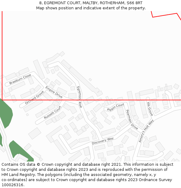 8, EGREMONT COURT, MALTBY, ROTHERHAM, S66 8RT: Location map and indicative extent of plot