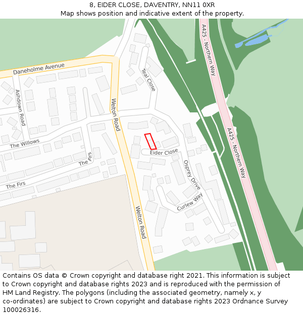 8, EIDER CLOSE, DAVENTRY, NN11 0XR: Location map and indicative extent of plot