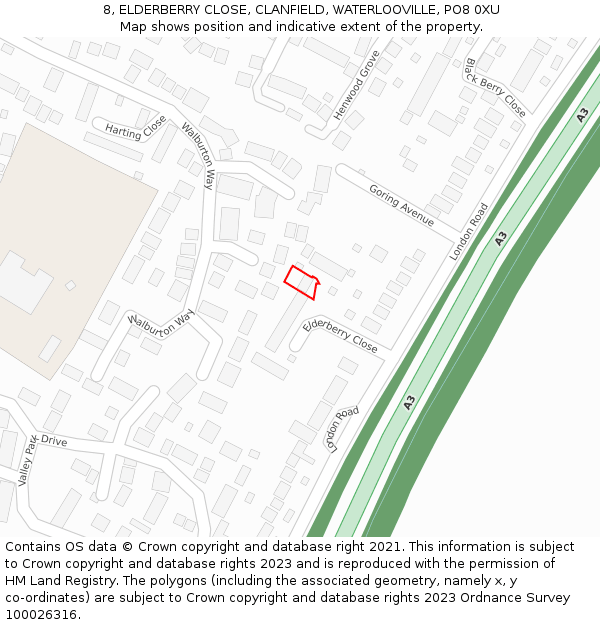 8, ELDERBERRY CLOSE, CLANFIELD, WATERLOOVILLE, PO8 0XU: Location map and indicative extent of plot