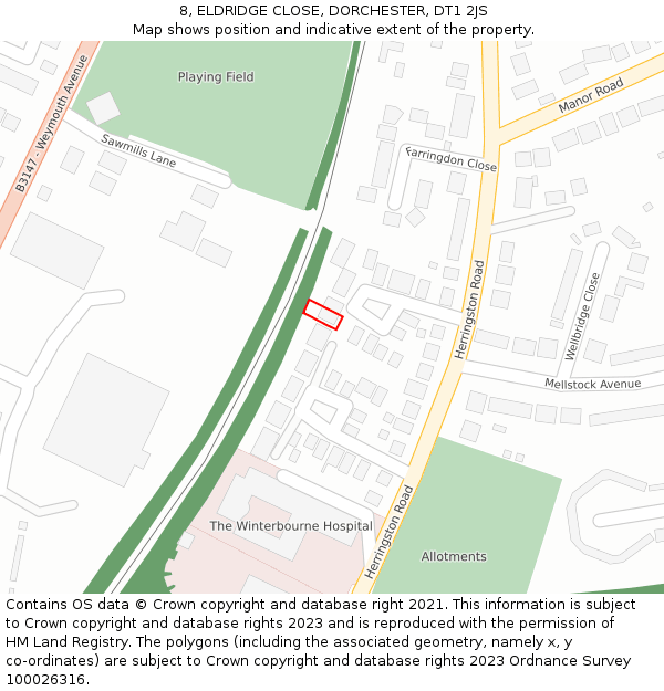 8, ELDRIDGE CLOSE, DORCHESTER, DT1 2JS: Location map and indicative extent of plot