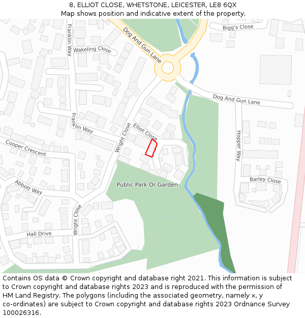 8, ELLIOT CLOSE, WHETSTONE, LEICESTER, LE8 6QX: Location map and indicative extent of plot