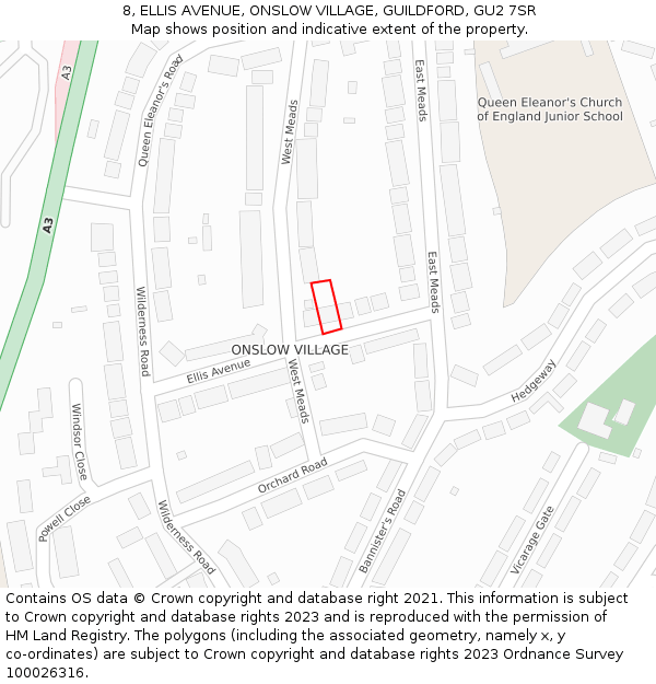 8, ELLIS AVENUE, ONSLOW VILLAGE, GUILDFORD, GU2 7SR: Location map and indicative extent of plot