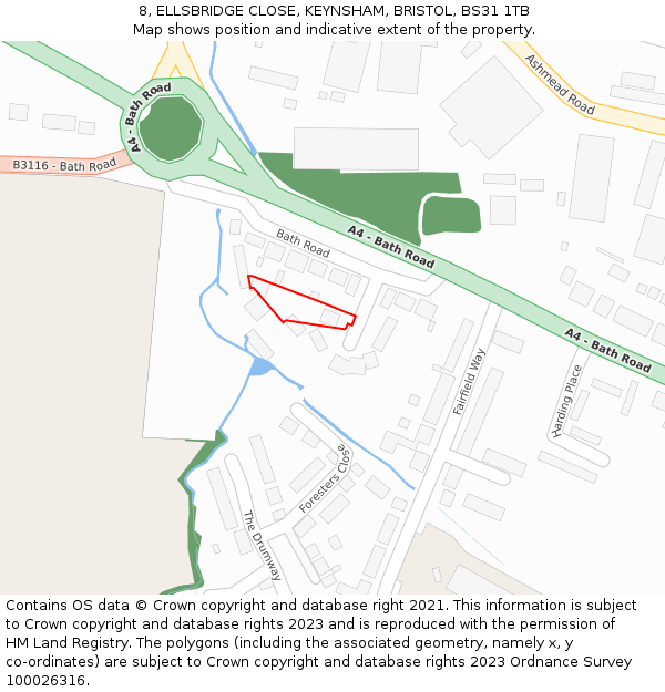 8, ELLSBRIDGE CLOSE, KEYNSHAM, BRISTOL, BS31 1TB: Location map and indicative extent of plot