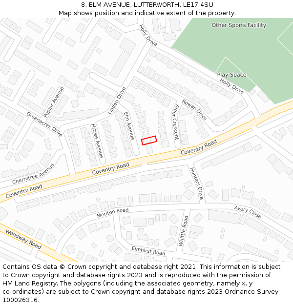 8, ELM AVENUE, LUTTERWORTH, LE17 4SU: Location map and indicative extent of plot