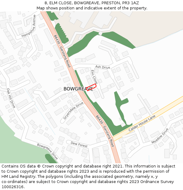 8, ELM CLOSE, BOWGREAVE, PRESTON, PR3 1AZ: Location map and indicative extent of plot