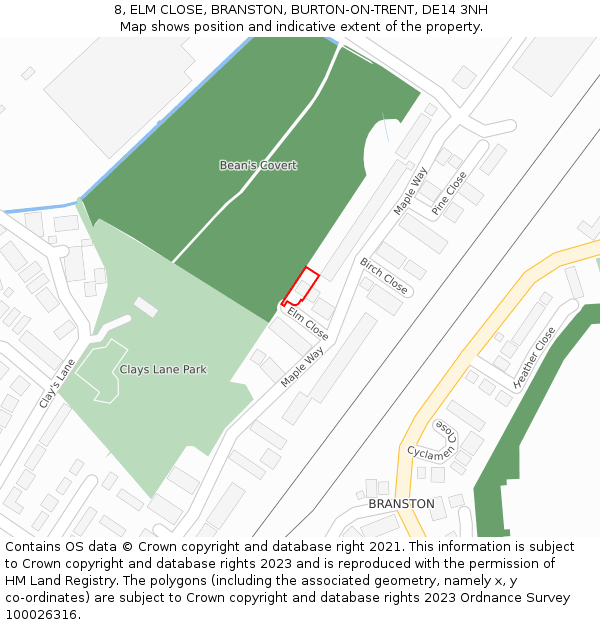 8, ELM CLOSE, BRANSTON, BURTON-ON-TRENT, DE14 3NH: Location map and indicative extent of plot