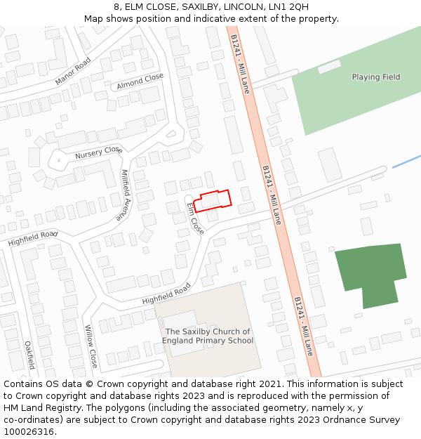 8, ELM CLOSE, SAXILBY, LINCOLN, LN1 2QH: Location map and indicative extent of plot