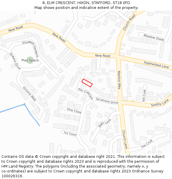 8, ELM CRESCENT, HIXON, STAFFORD, ST18 0FD: Location map and indicative extent of plot