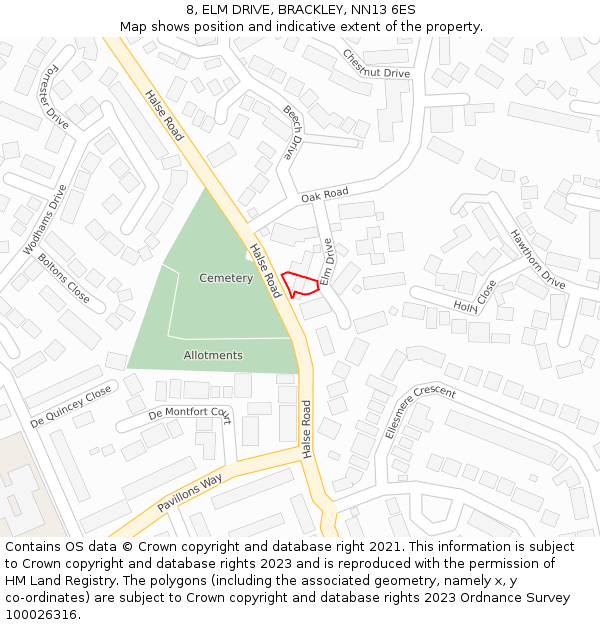 8, ELM DRIVE, BRACKLEY, NN13 6ES: Location map and indicative extent of plot