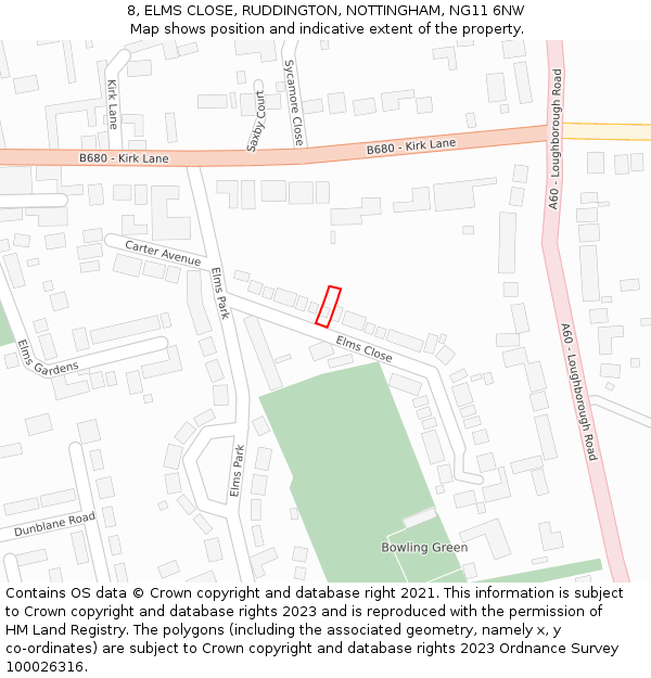 8, ELMS CLOSE, RUDDINGTON, NOTTINGHAM, NG11 6NW: Location map and indicative extent of plot