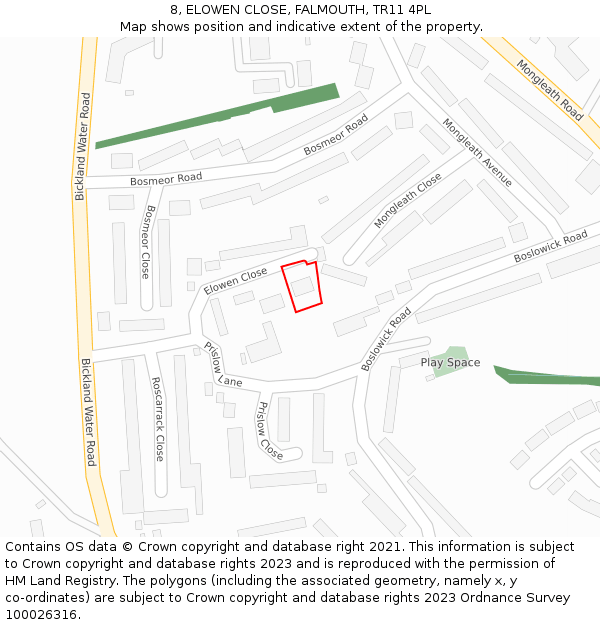 8, ELOWEN CLOSE, FALMOUTH, TR11 4PL: Location map and indicative extent of plot