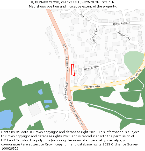 8, ELZIVER CLOSE, CHICKERELL, WEYMOUTH, DT3 4LN: Location map and indicative extent of plot