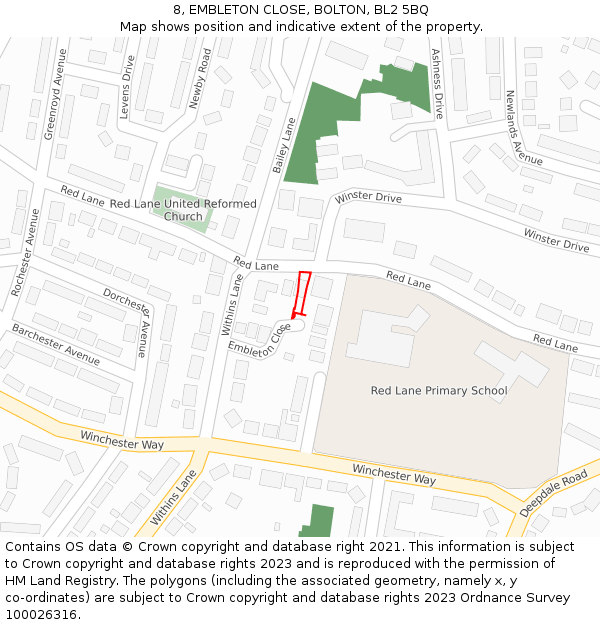 8, EMBLETON CLOSE, BOLTON, BL2 5BQ: Location map and indicative extent of plot