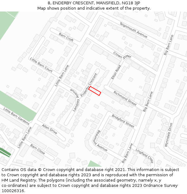 8, ENDERBY CRESCENT, MANSFIELD, NG18 3JP: Location map and indicative extent of plot