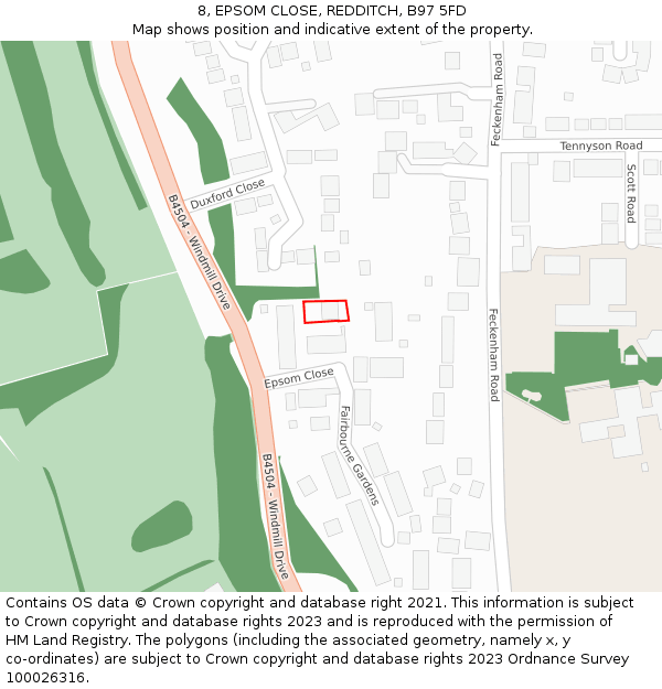 8, EPSOM CLOSE, REDDITCH, B97 5FD: Location map and indicative extent of plot