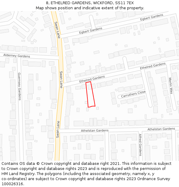 8, ETHELRED GARDENS, WICKFORD, SS11 7EX: Location map and indicative extent of plot