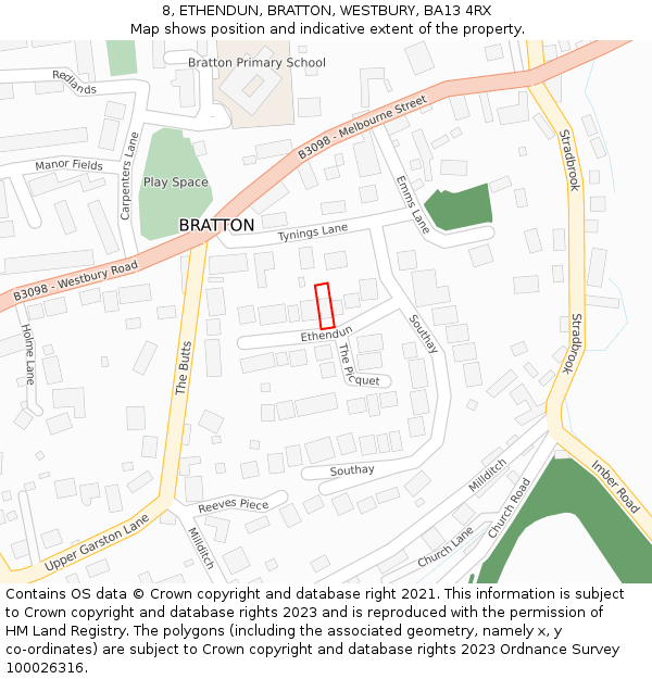 8, ETHENDUN, BRATTON, WESTBURY, BA13 4RX: Location map and indicative extent of plot