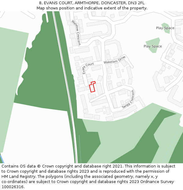 8, EVANS COURT, ARMTHORPE, DONCASTER, DN3 2FL: Location map and indicative extent of plot
