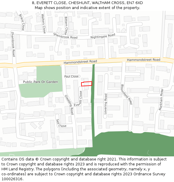 8, EVERETT CLOSE, CHESHUNT, WALTHAM CROSS, EN7 6XD: Location map and indicative extent of plot