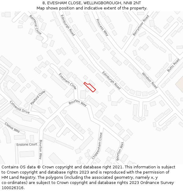 8, EVESHAM CLOSE, WELLINGBOROUGH, NN8 2NT: Location map and indicative extent of plot