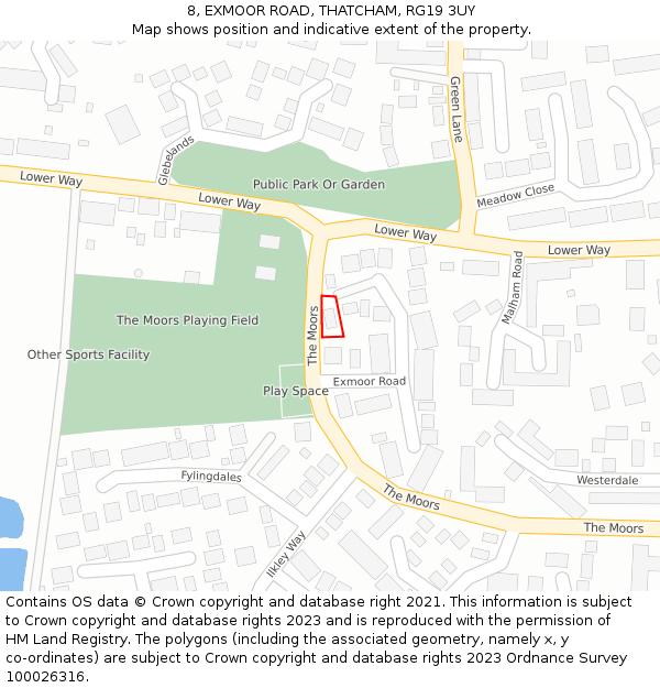 8, EXMOOR ROAD, THATCHAM, RG19 3UY: Location map and indicative extent of plot