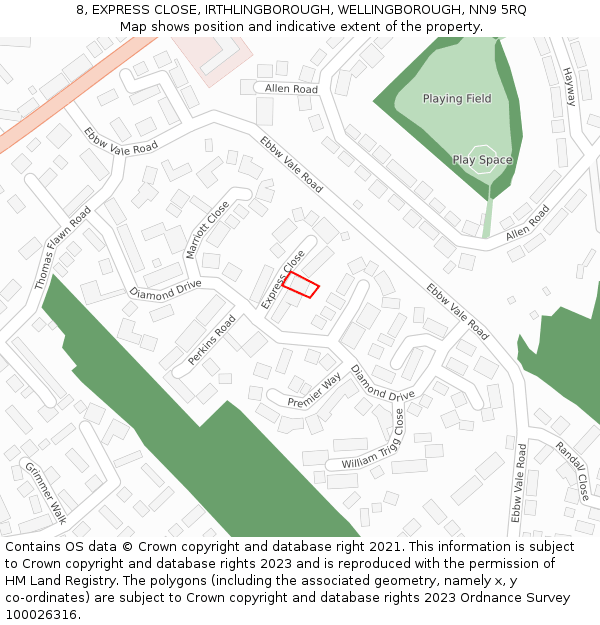 8, EXPRESS CLOSE, IRTHLINGBOROUGH, WELLINGBOROUGH, NN9 5RQ: Location map and indicative extent of plot