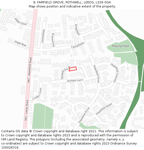 8, FAIRFIELD GROVE, ROTHWELL, LEEDS, LS26 0GA: Location map and indicative extent of plot