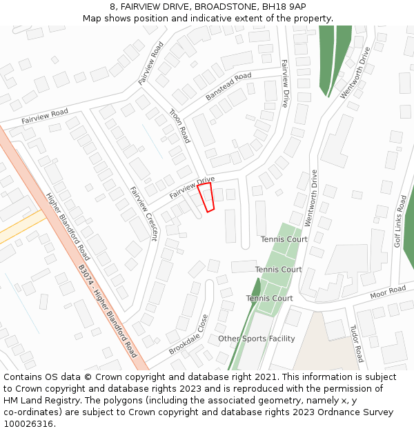 8, FAIRVIEW DRIVE, BROADSTONE, BH18 9AP: Location map and indicative extent of plot