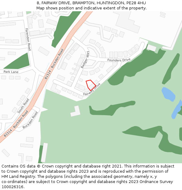 8, FAIRWAY DRIVE, BRAMPTON, HUNTINGDON, PE28 4HU: Location map and indicative extent of plot