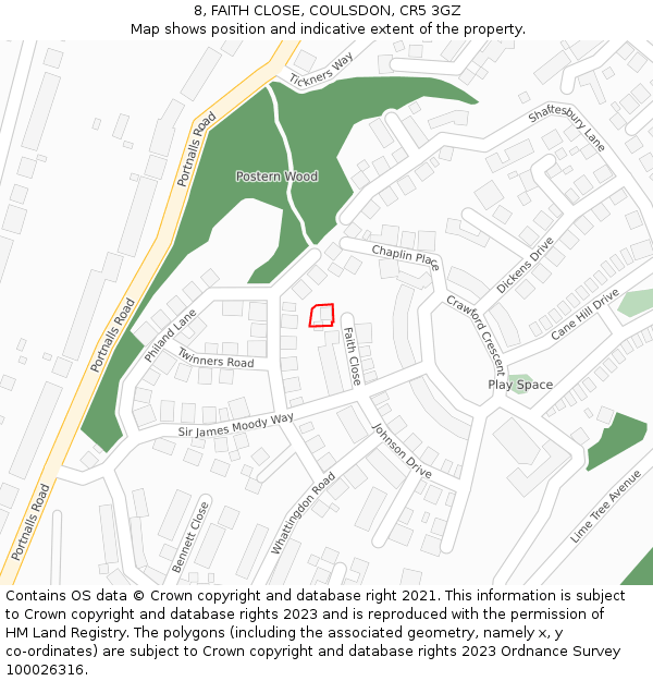 8, FAITH CLOSE, COULSDON, CR5 3GZ: Location map and indicative extent of plot