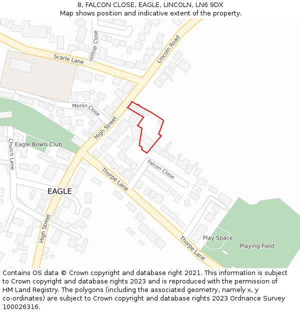 8, FALCON CLOSE, EAGLE, LINCOLN, LN6 9DX: Location map and indicative extent of plot