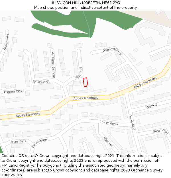 8, FALCON HILL, MORPETH, NE61 2YG: Location map and indicative extent of plot