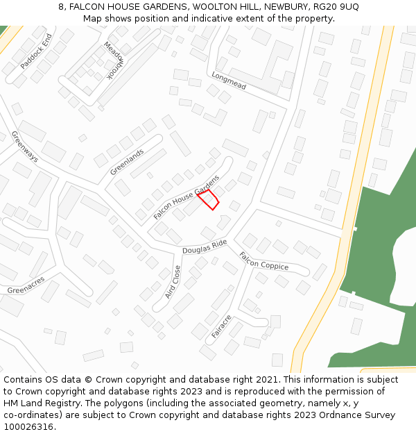 8, FALCON HOUSE GARDENS, WOOLTON HILL, NEWBURY, RG20 9UQ: Location map and indicative extent of plot