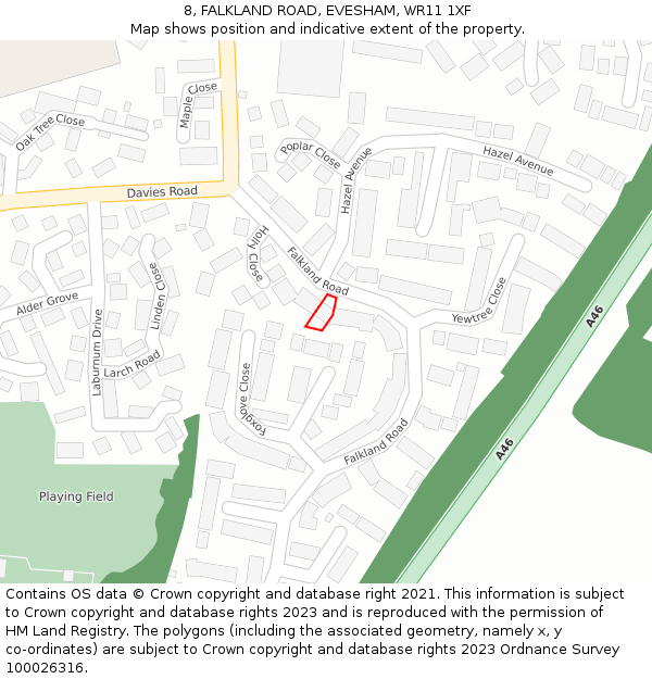 8, FALKLAND ROAD, EVESHAM, WR11 1XF: Location map and indicative extent of plot