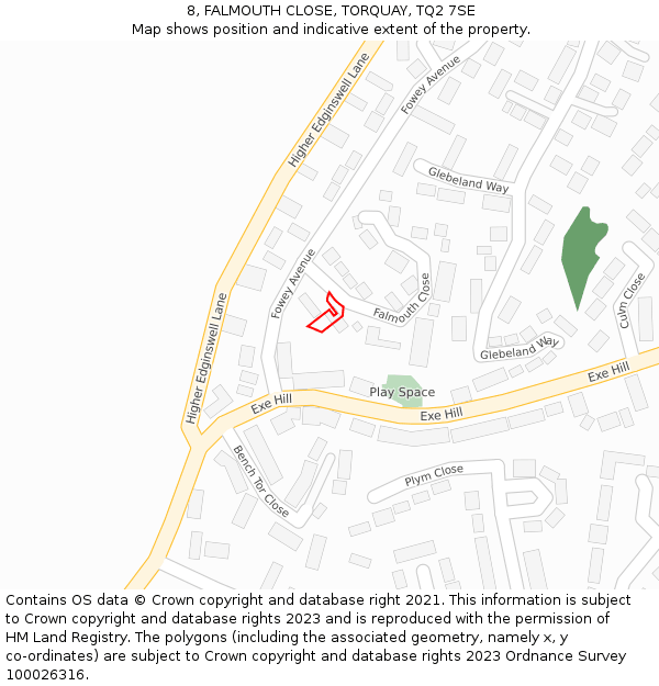 8, FALMOUTH CLOSE, TORQUAY, TQ2 7SE: Location map and indicative extent of plot