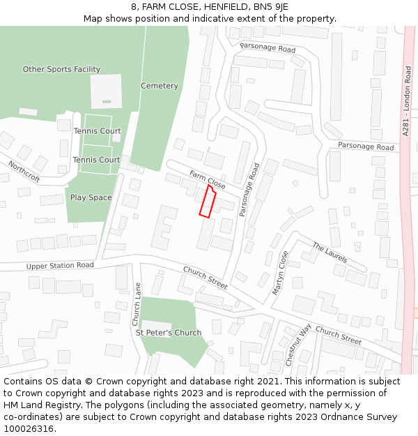 8, FARM CLOSE, HENFIELD, BN5 9JE: Location map and indicative extent of plot