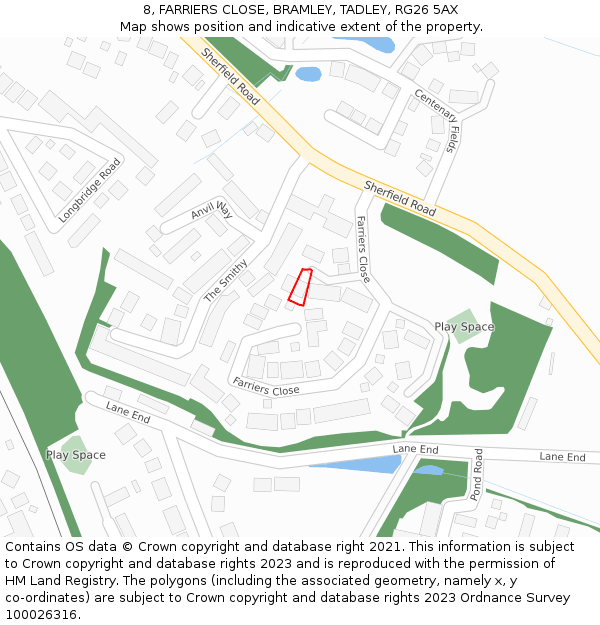 8, FARRIERS CLOSE, BRAMLEY, TADLEY, RG26 5AX: Location map and indicative extent of plot