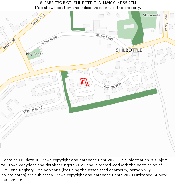 8, FARRIERS RISE, SHILBOTTLE, ALNWICK, NE66 2EN: Location map and indicative extent of plot