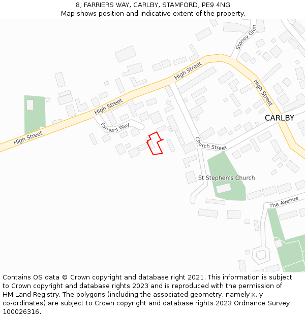 8, FARRIERS WAY, CARLBY, STAMFORD, PE9 4NG: Location map and indicative extent of plot