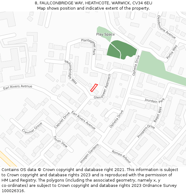 8, FAULCONBRIDGE WAY, HEATHCOTE, WARWICK, CV34 6EU: Location map and indicative extent of plot