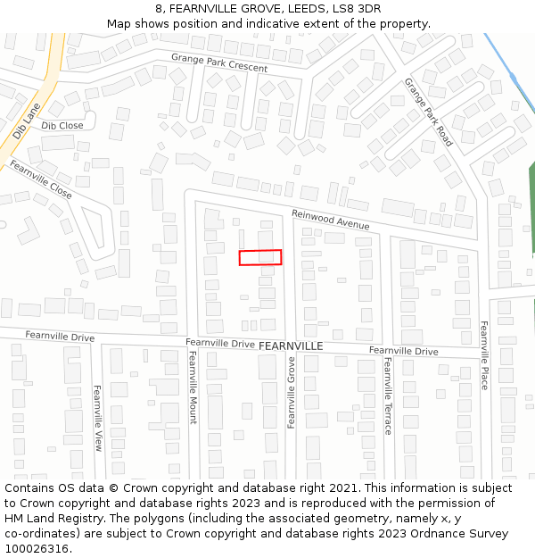 8, FEARNVILLE GROVE, LEEDS, LS8 3DR: Location map and indicative extent of plot