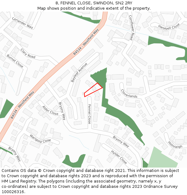 8, FENNEL CLOSE, SWINDON, SN2 2RY: Location map and indicative extent of plot