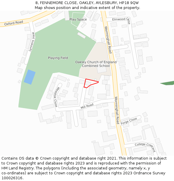 8, FENNEMORE CLOSE, OAKLEY, AYLESBURY, HP18 9QW: Location map and indicative extent of plot