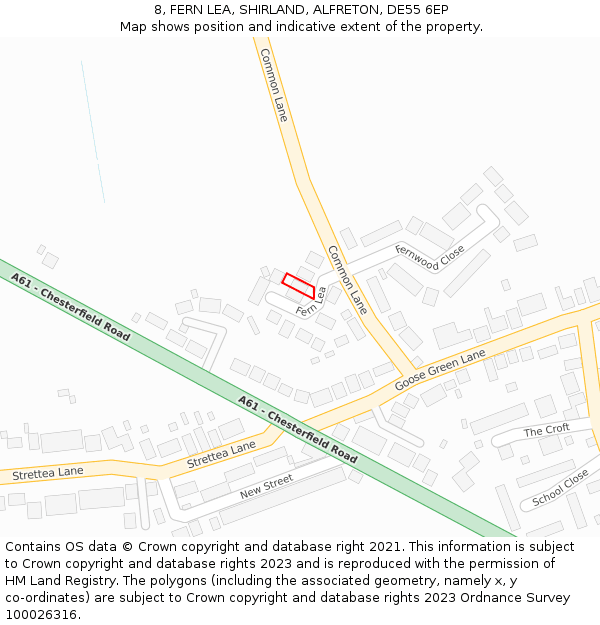 8, FERN LEA, SHIRLAND, ALFRETON, DE55 6EP: Location map and indicative extent of plot