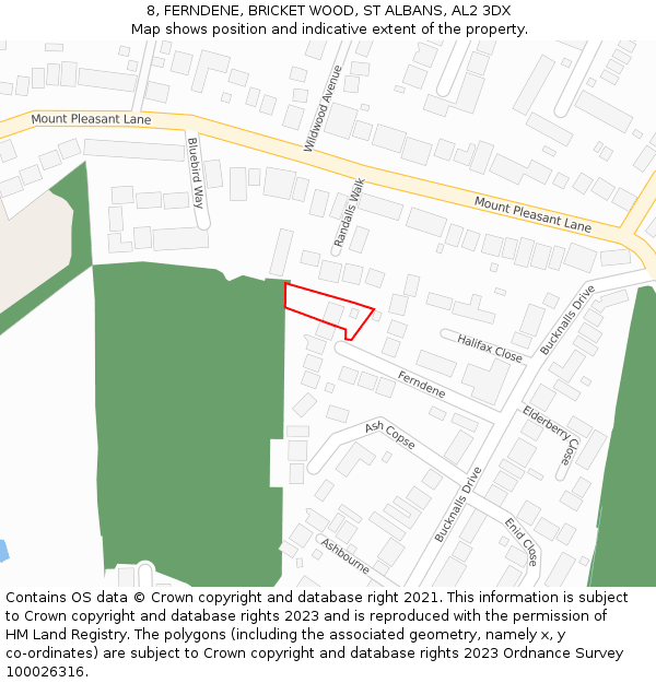 8, FERNDENE, BRICKET WOOD, ST ALBANS, AL2 3DX: Location map and indicative extent of plot