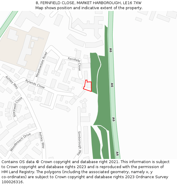 8, FERNFIELD CLOSE, MARKET HARBOROUGH, LE16 7XW: Location map and indicative extent of plot