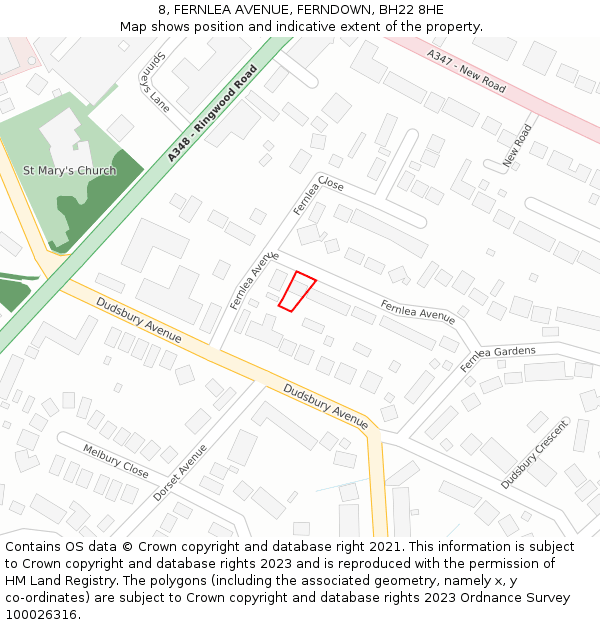 8, FERNLEA AVENUE, FERNDOWN, BH22 8HE: Location map and indicative extent of plot